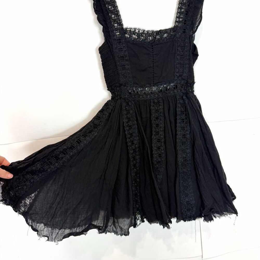 Free People Dress XS Verona Lace Trim Mini Black Square Neck Flare Gauzy Cotton - Picture 4 of 16